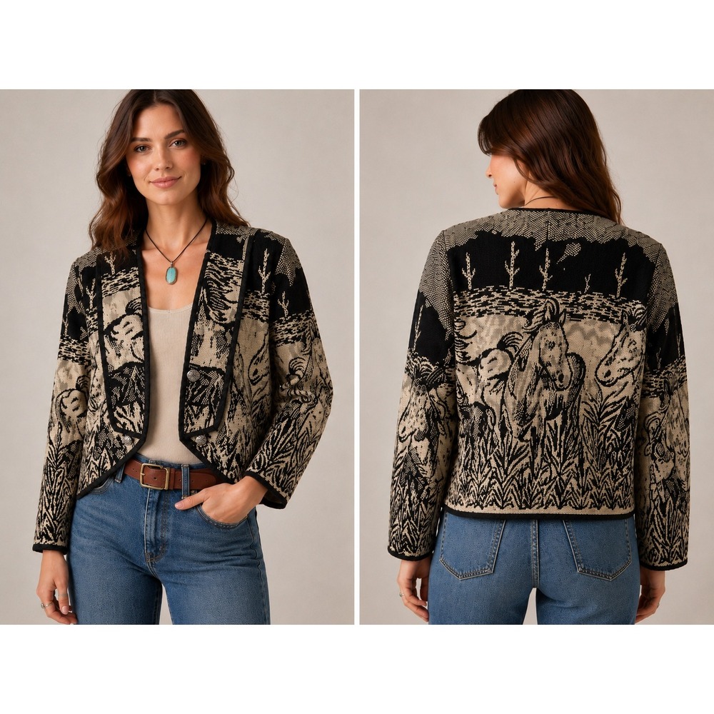 Side Saddle Western Horse Tapestry Cropped Jacket Womens Medium Black Tan Cotton